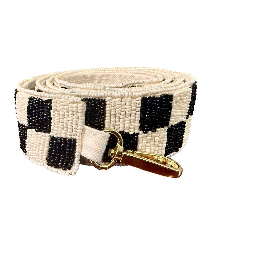 Shiraleah Chicago Black White Checkered Beaded Purse Strap Gold Hardware 41.5in